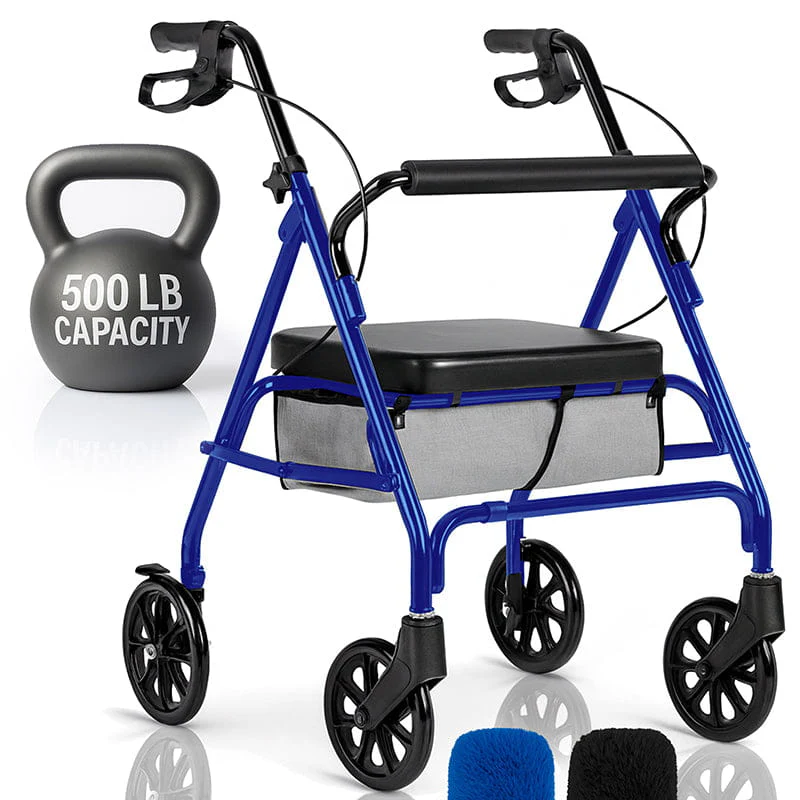 Blue four-wheel rollator walker with storage