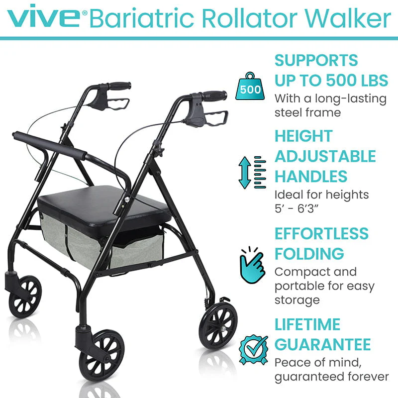 Bariatric rollator walker with padded seat and basket