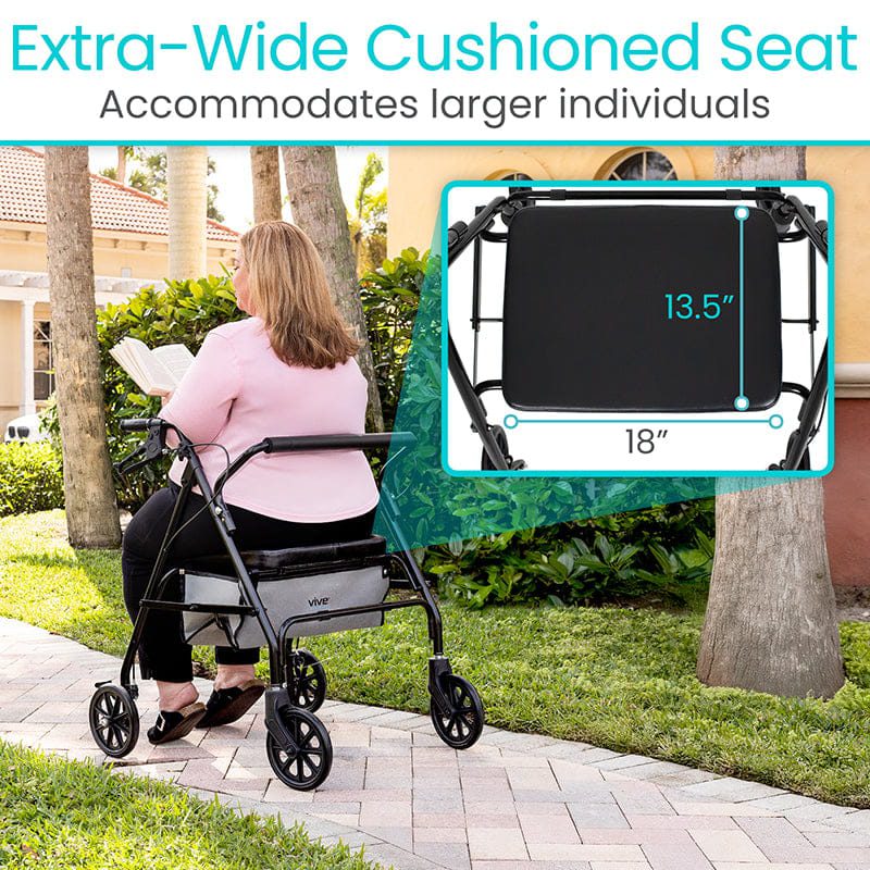Walker with extra-wide cushioned seat outdoors