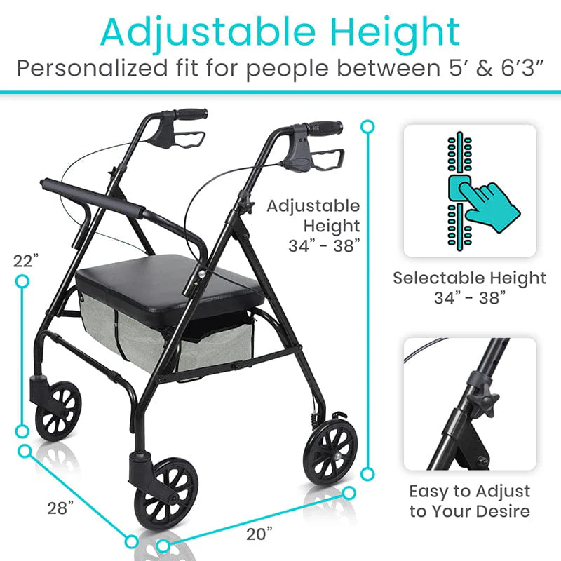 Adjustable-height rollator walker with seat and basket