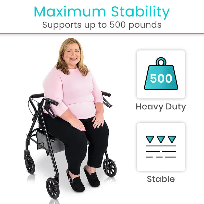 Woman seated on heavy-duty rollator walker