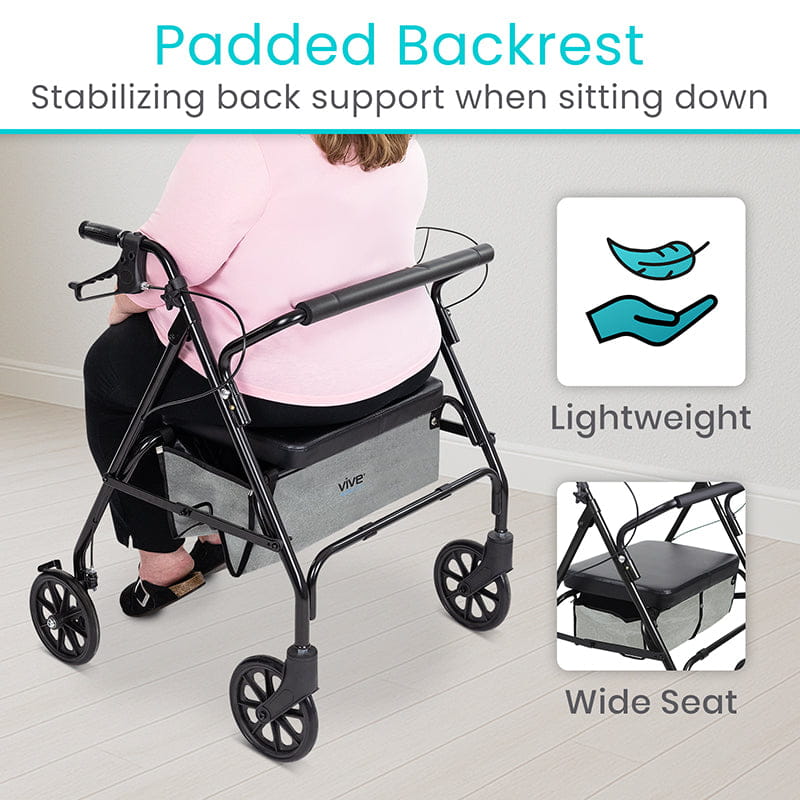Lightweight rollator walker with padded backrest