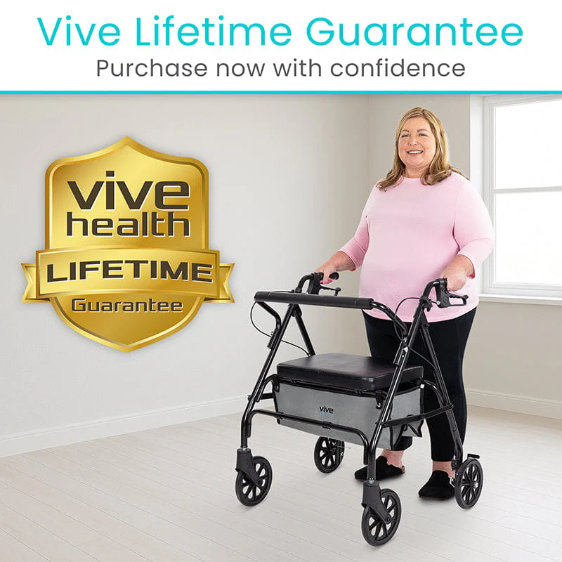 Smiling woman using Vive Health rollator walker
