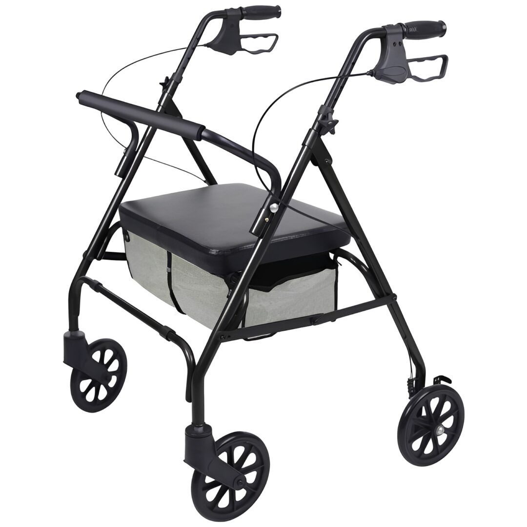 Black mobility walker with seat and wheels.