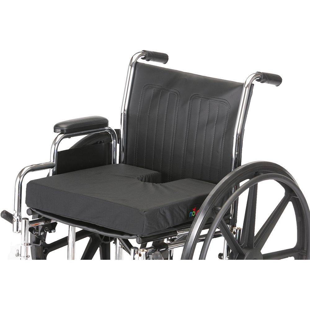 Wheelchair with black pressure-relief seat cushion