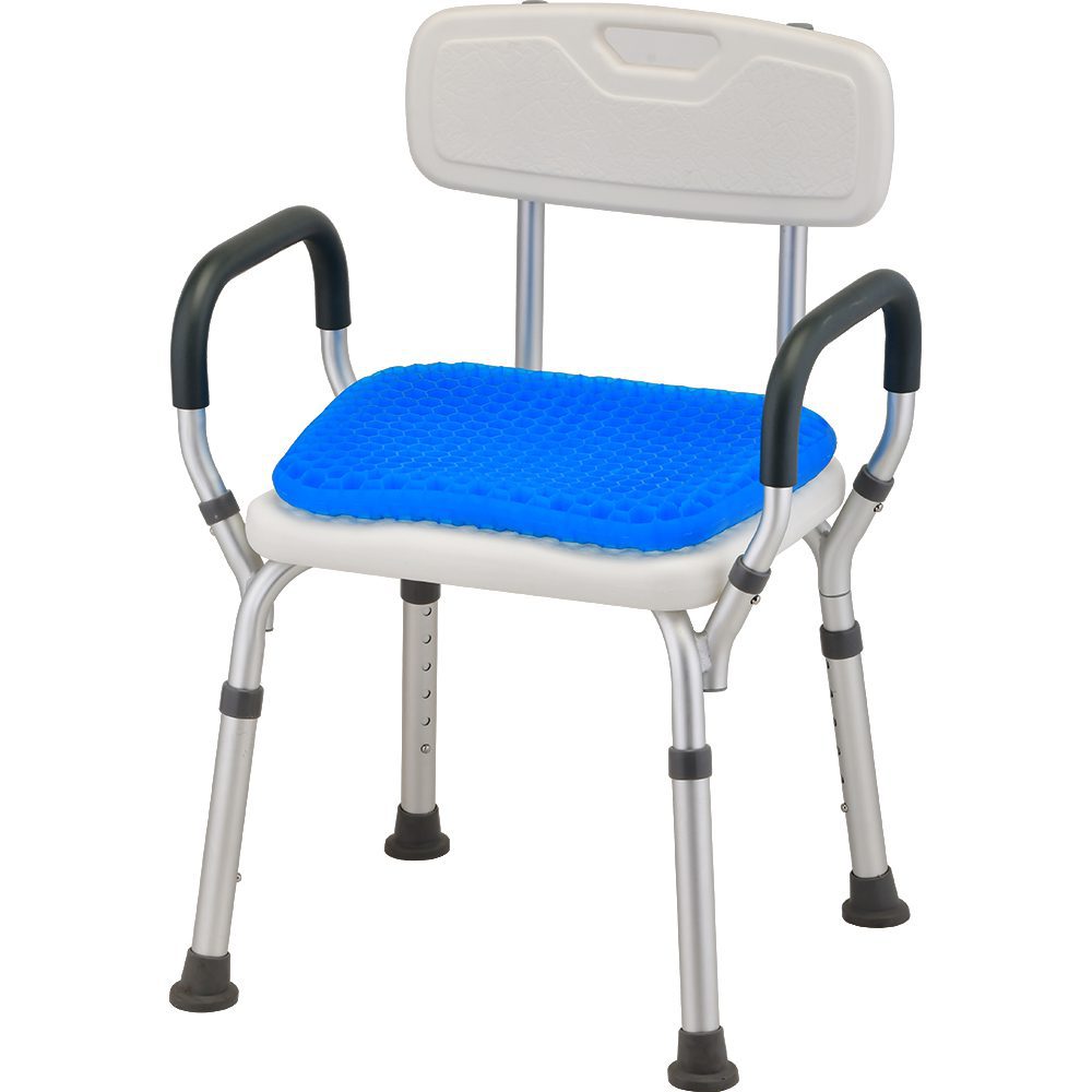 Adjustable aluminum shower chair with blue cushion