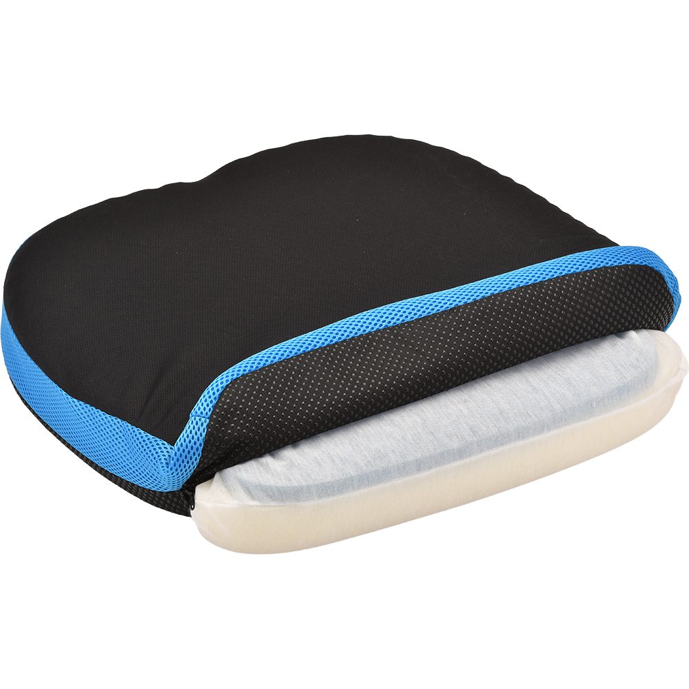 Black memory foam seat cushion with blue trim