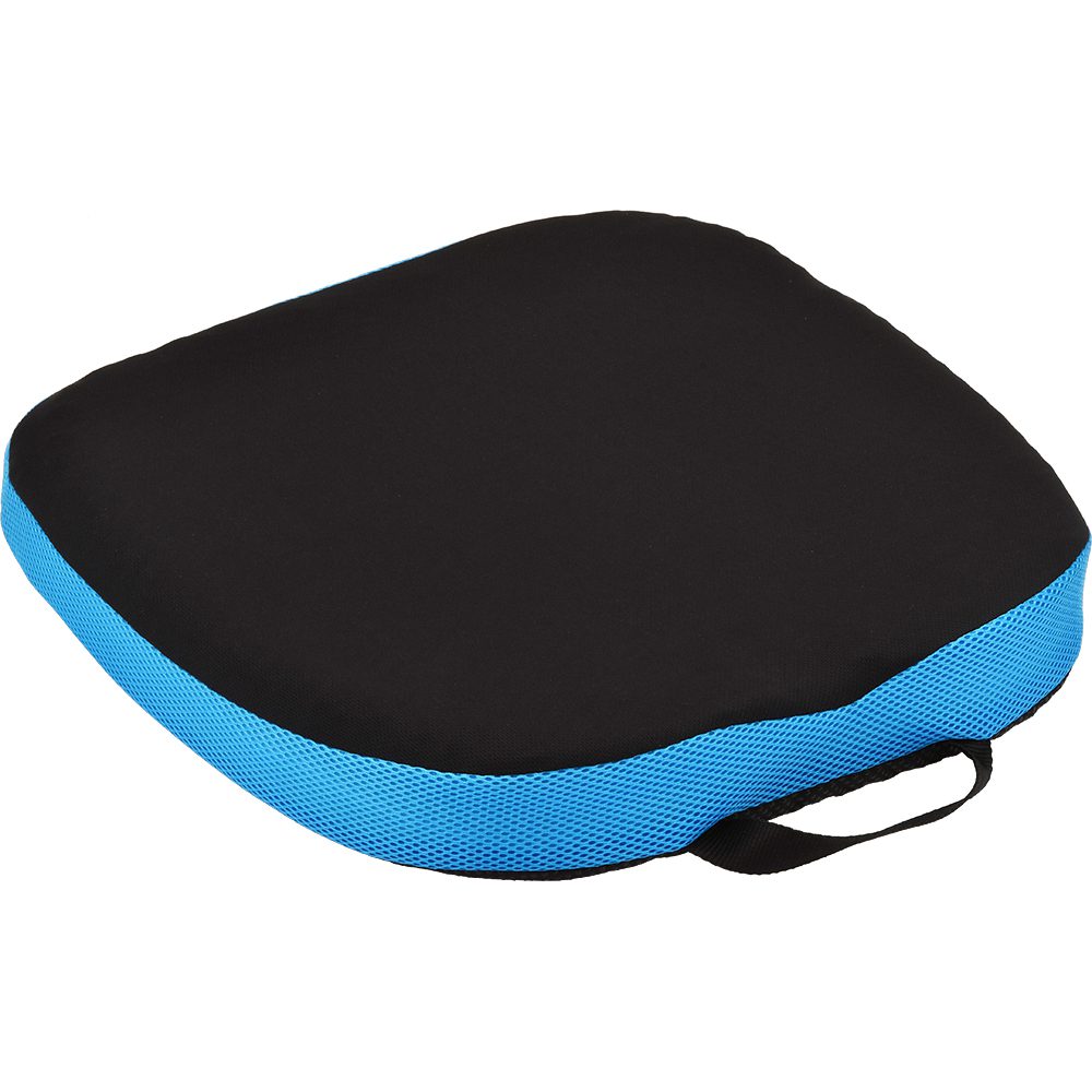 Black and blue portable seat cushion with handle