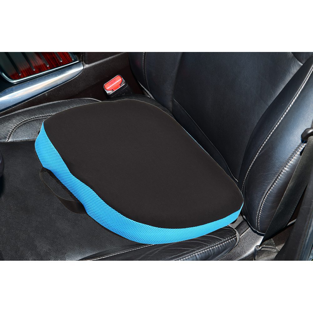 Black car seat cushion with blue trim