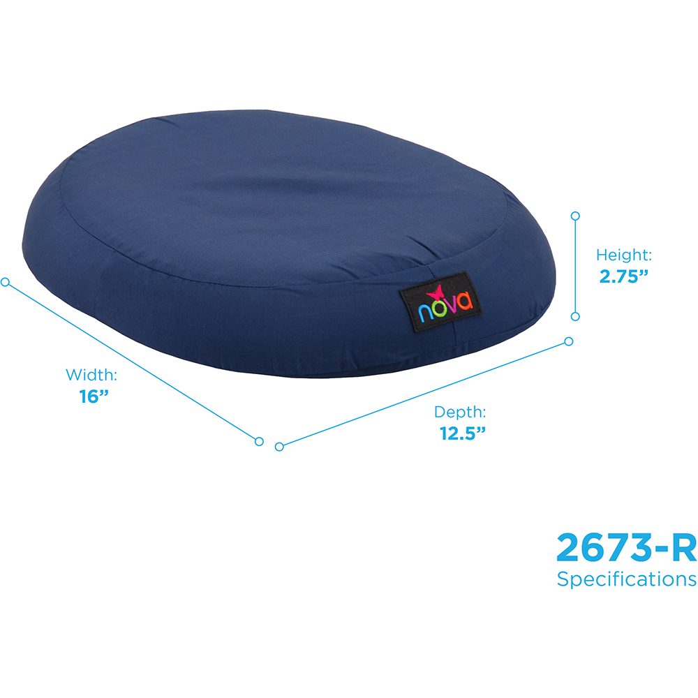 Navy round seat cushion with Nova tag