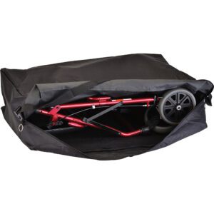 Folded red stroller packed in black bag