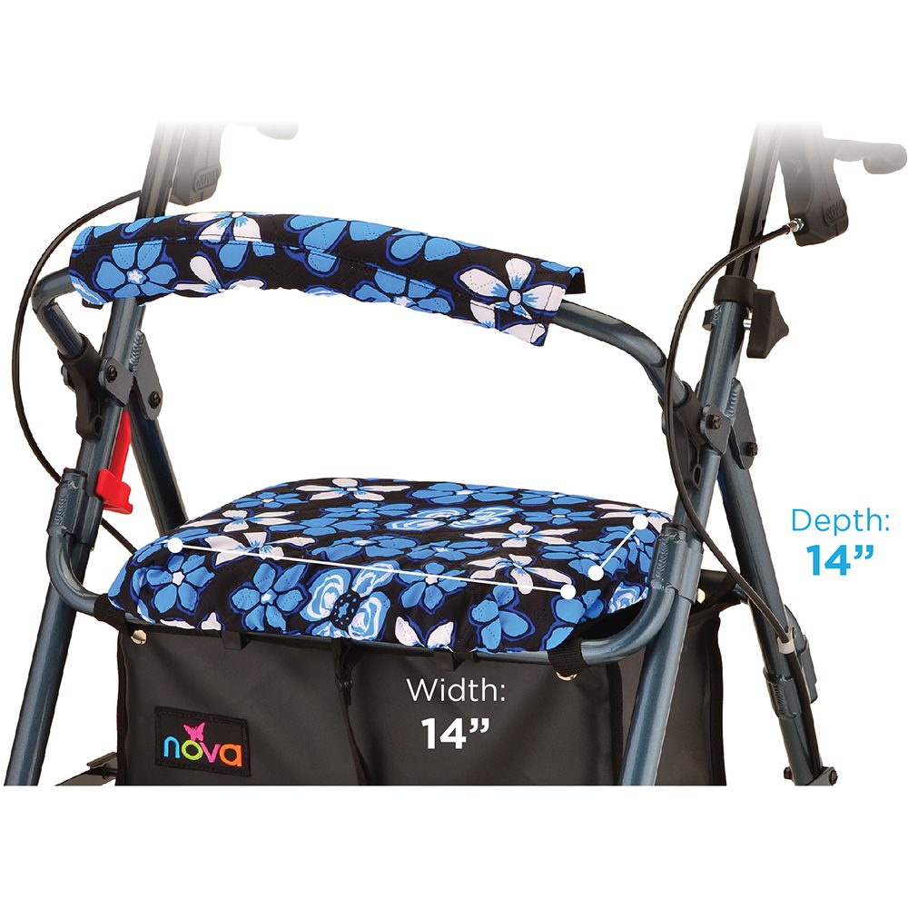 Blue floral padded walker seat and backrest