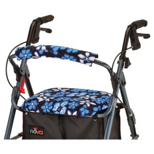 Blue floral padded seat on rollator walker