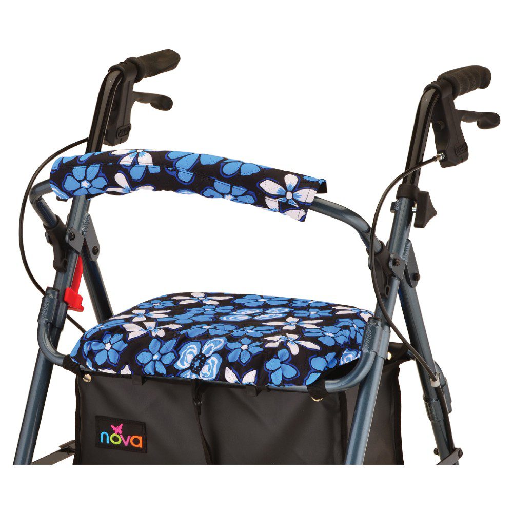 Blue floral padded seat rollator walker