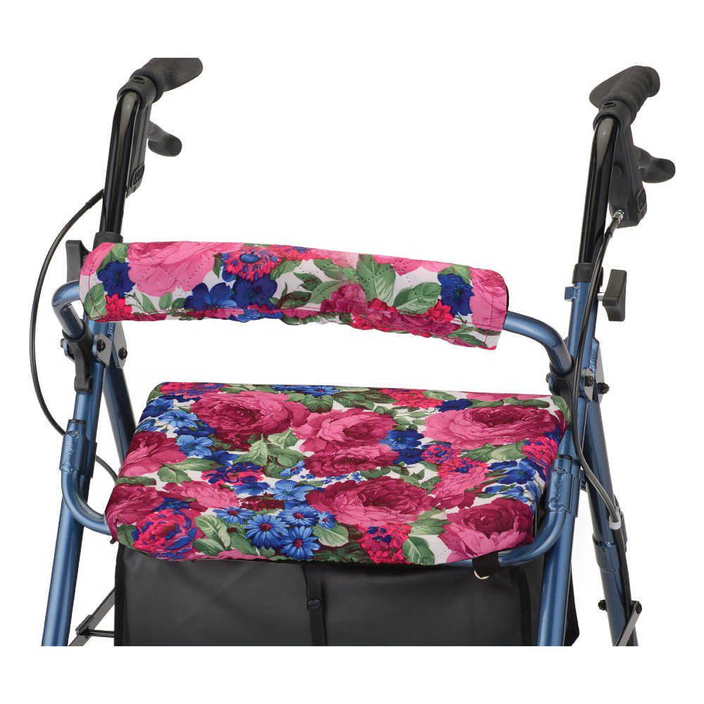 Walker with pink floral seat and backrest