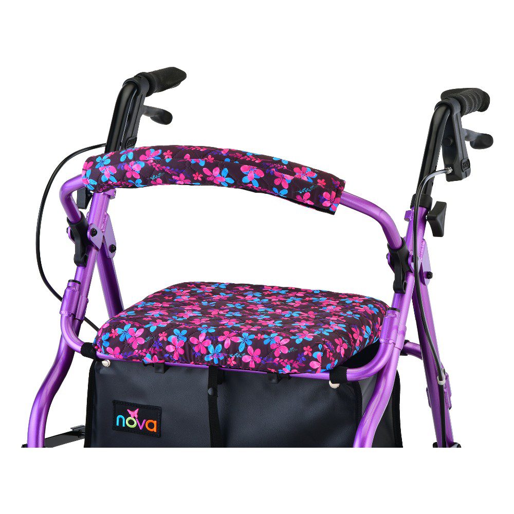 Purple rollator walker with floral padded seat
