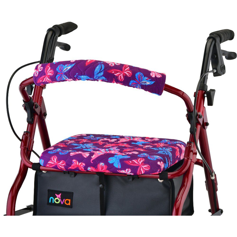 Red rollator with purple butterfly seat cushion