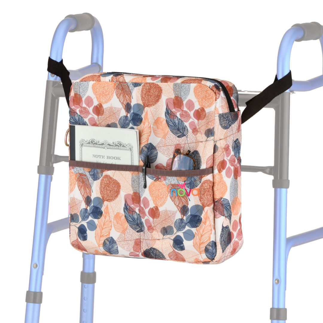 Floral storage bag attached to walker
