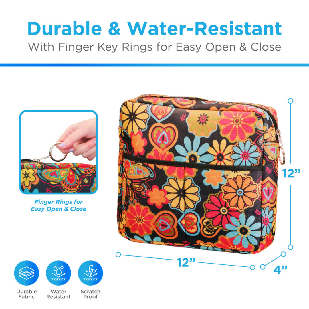 Colorful floral water-resistant travel pouch with rings