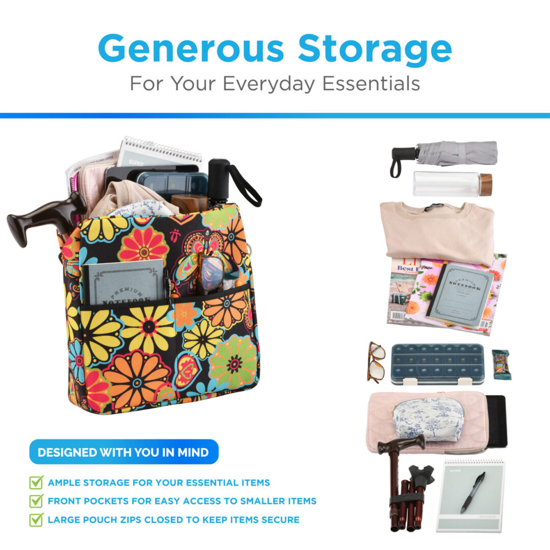 Colorful floral tote bag filled with essentials