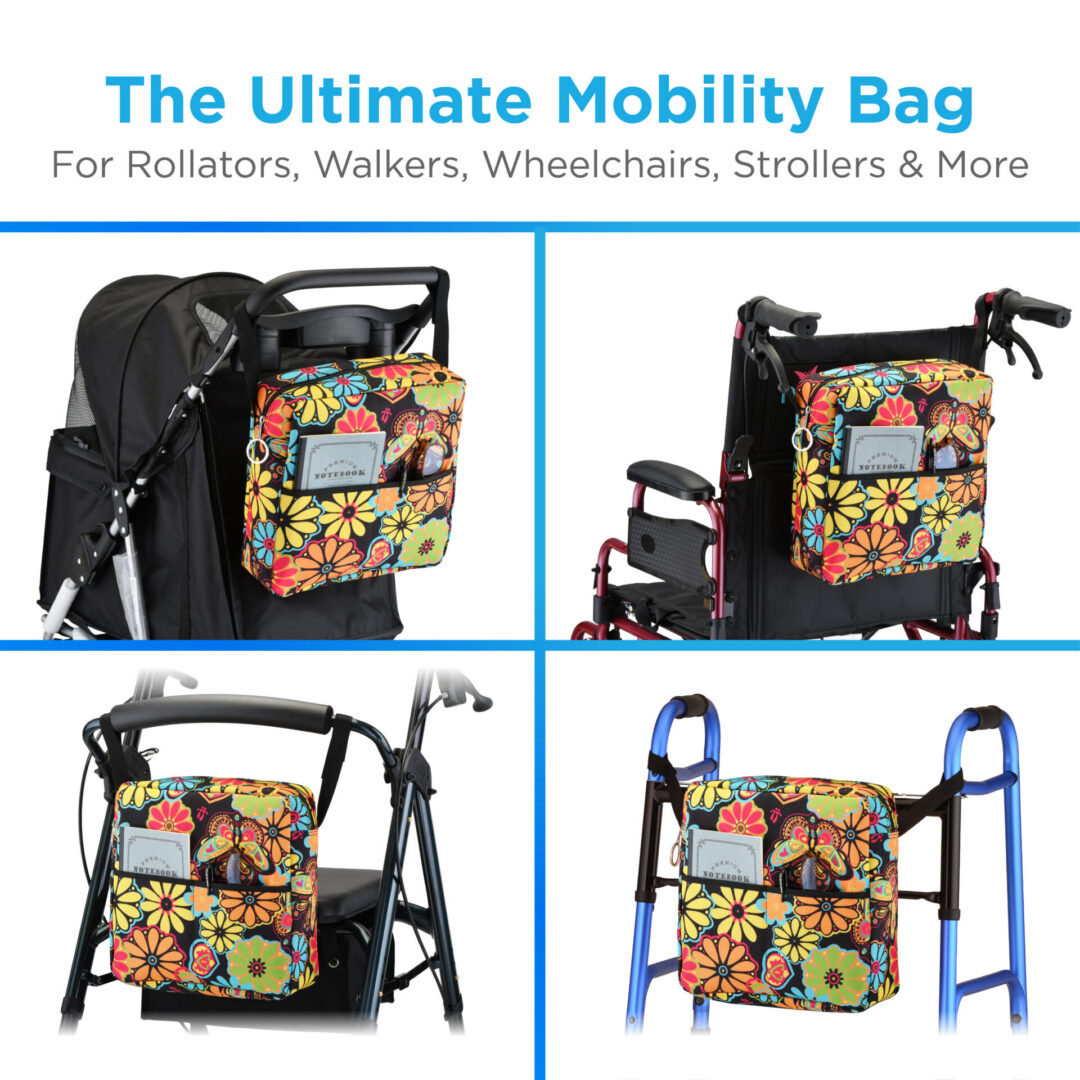 Floral mobility bag attached to walkers, wheelchairs