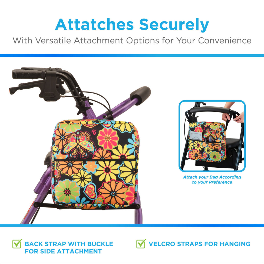 Colorful floral bag attached to walker