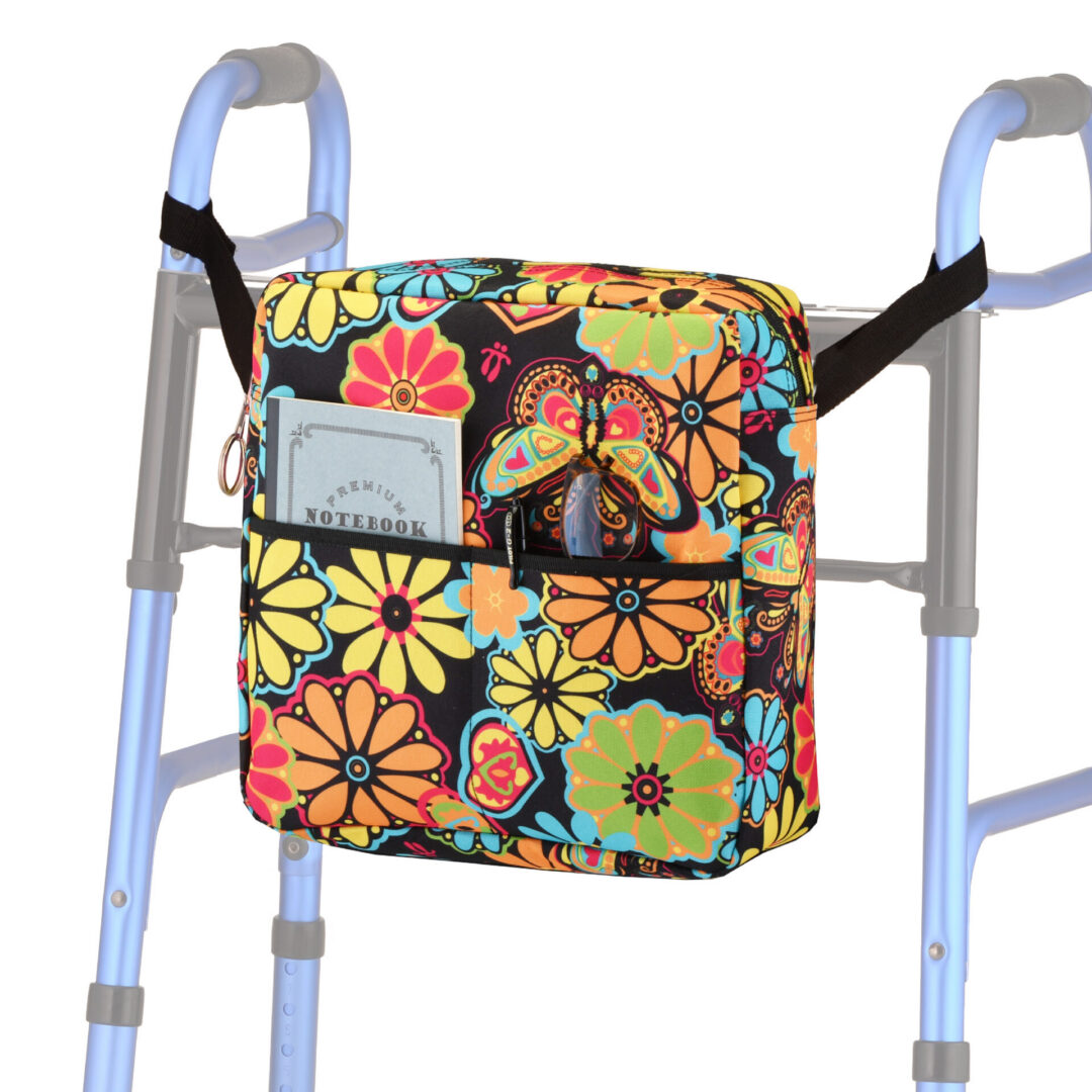 Colorful floral bag attached to walker