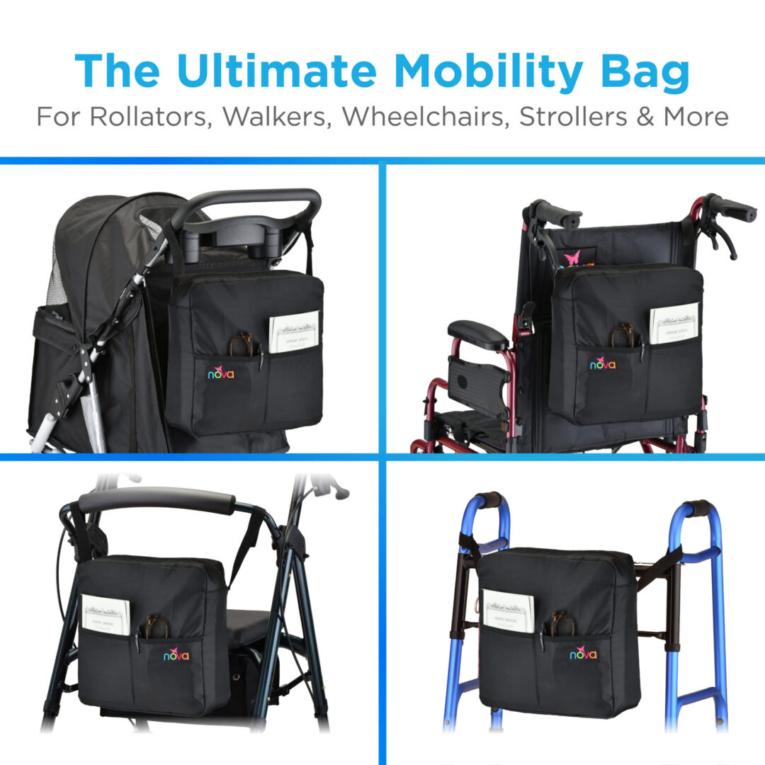 Black mobility bag on rollator, walker, wheelchair, stroller