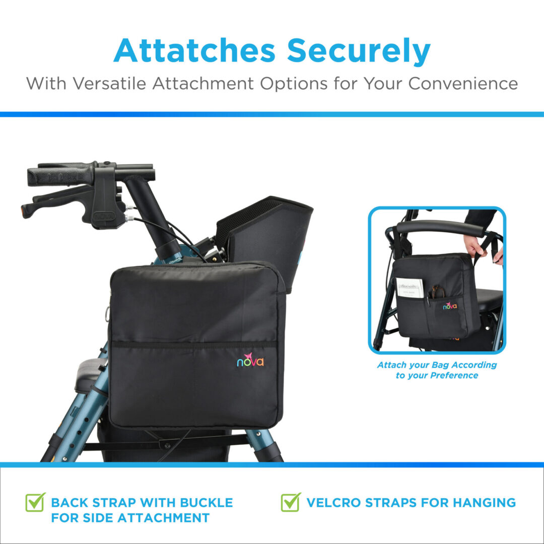 Black rollator storage bag attached to walker