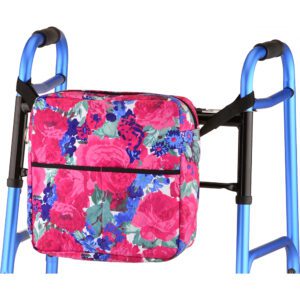 Blue walker with pink floral storage bag