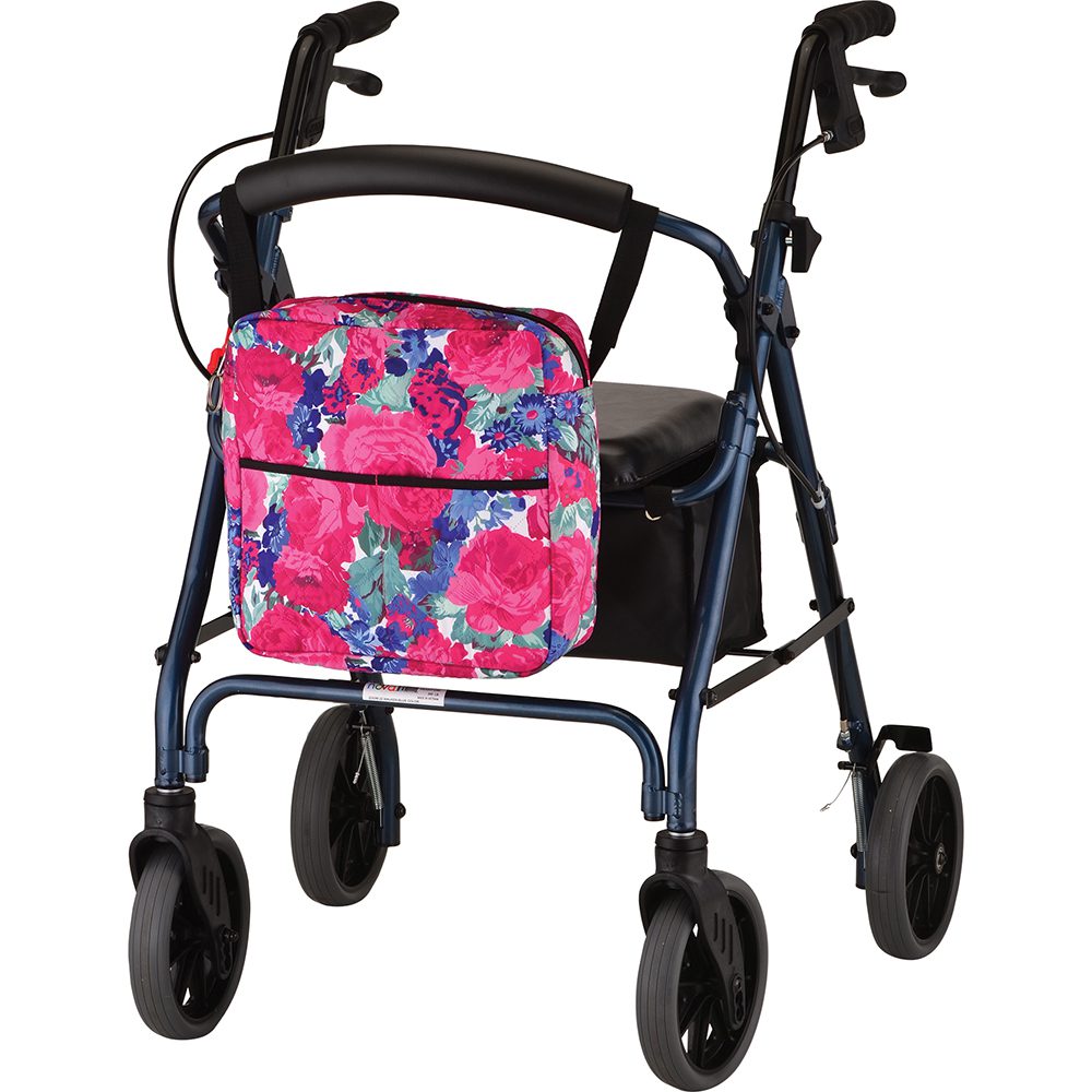Blue rollator walker with pink floral bag