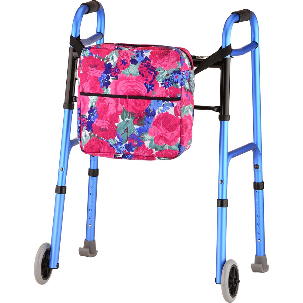 Blue walker with pink floral storage bag
