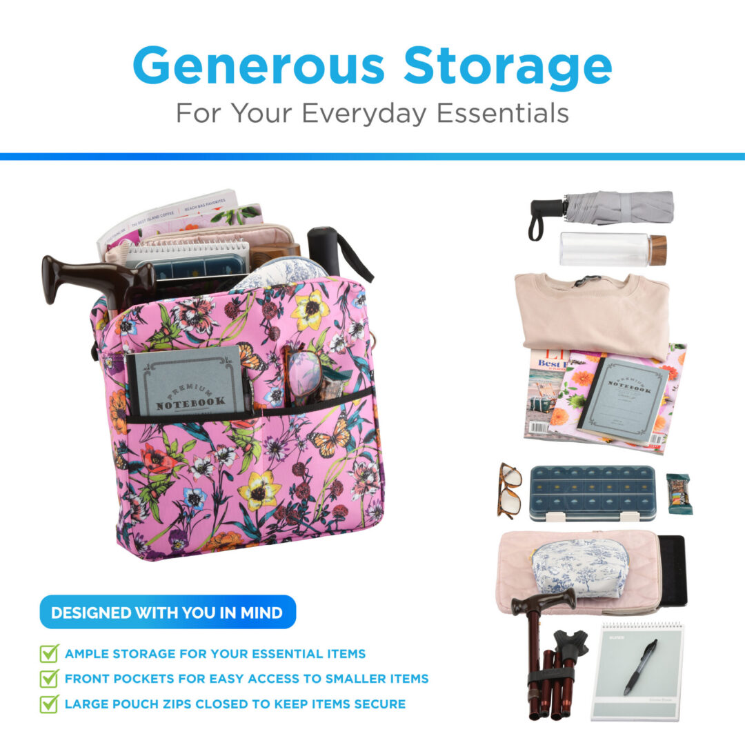 Pink floral storage tote with essentials