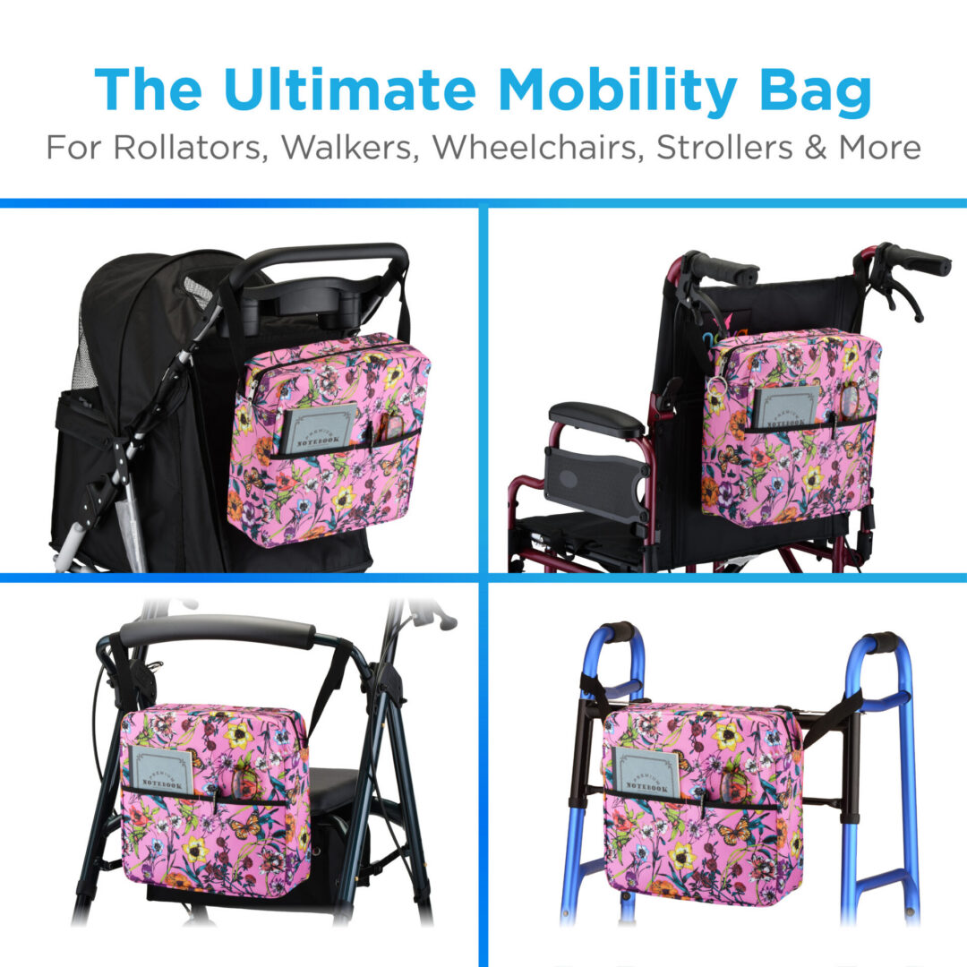 Pink floral mobility bag on mobility aids