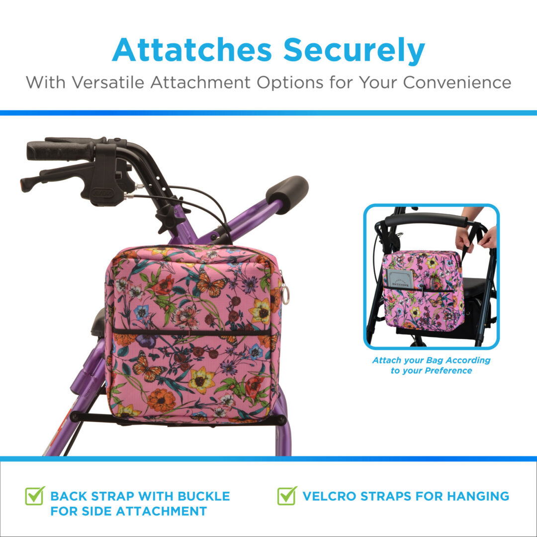 Pink floral walker bag attached to frame