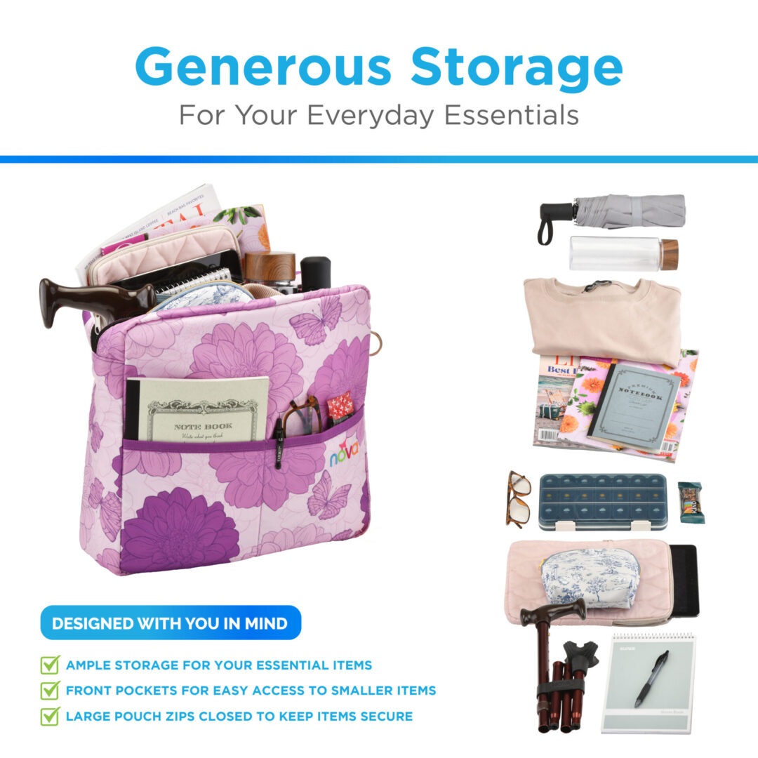 Purple floral organizer pouch with essential items