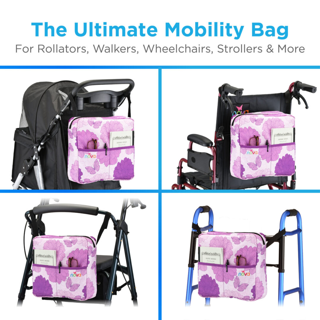Pink floral mobility bag on mobility aids