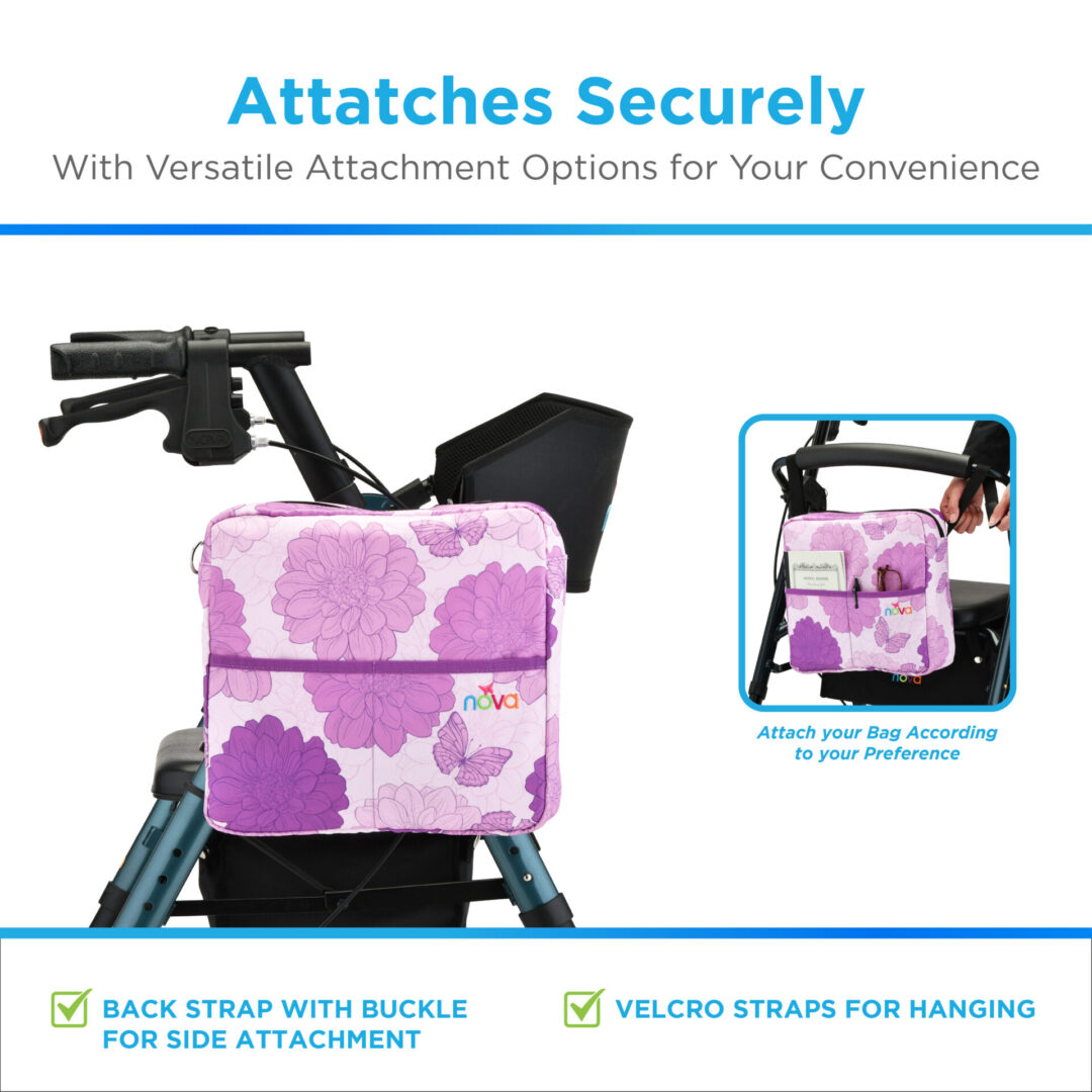 Purple floral bag attached to walker
