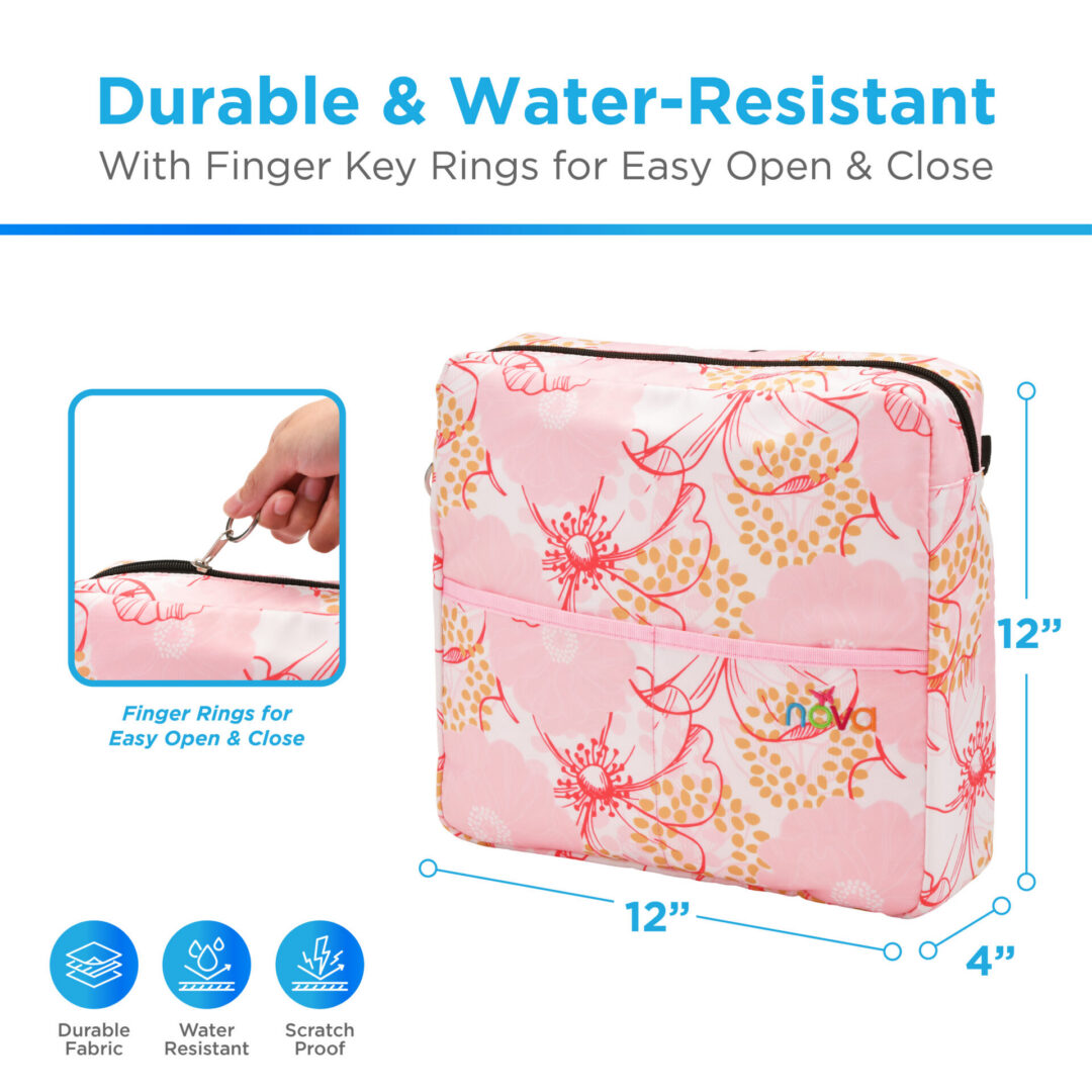 Pink floral waterproof cosmetic pouch with zipper