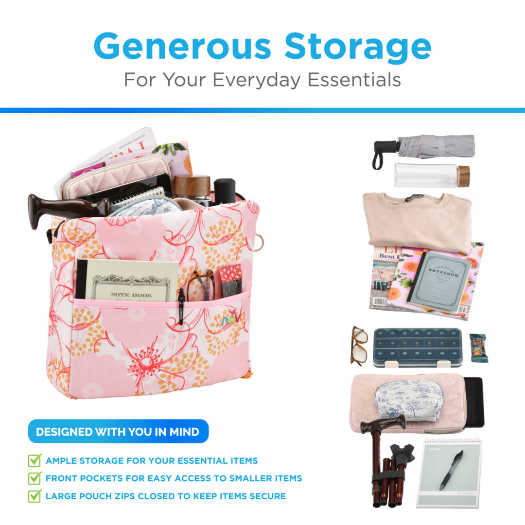 Pink floral organizer bag with everyday essentials