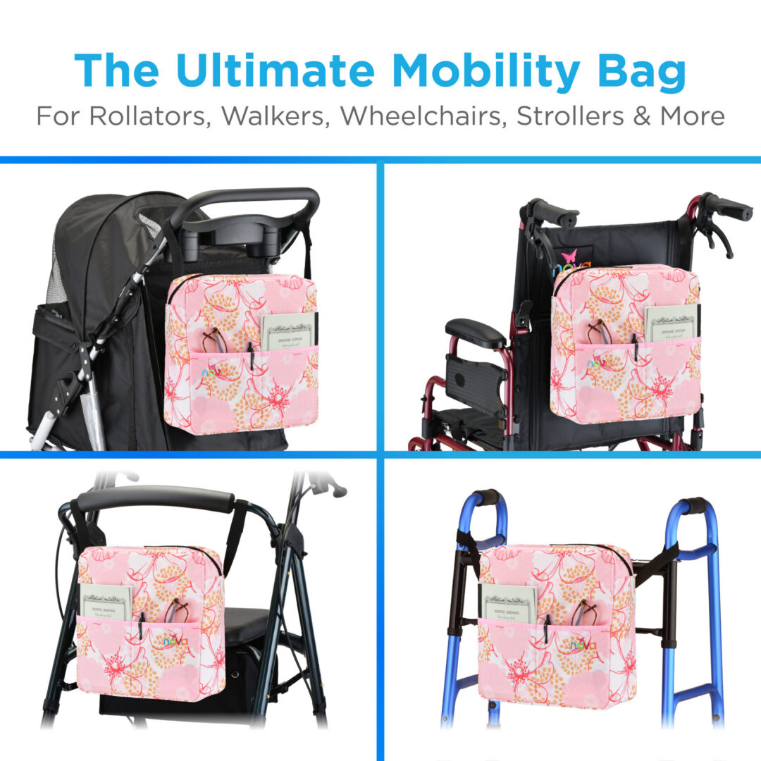 Pink floral bag for walkers, wheelchairs, strollers