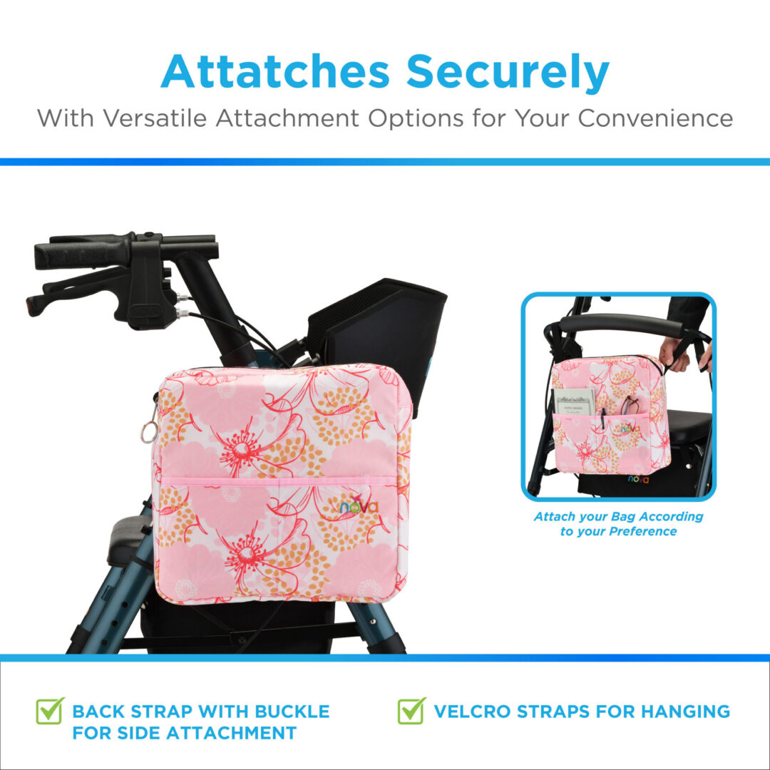 Pink floral walker bag attached to handles