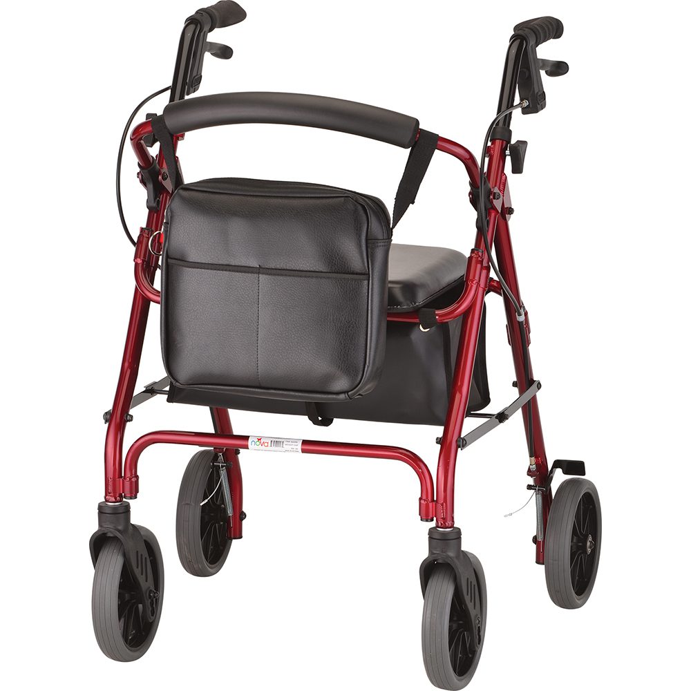 Red rollator walker with black storage bag