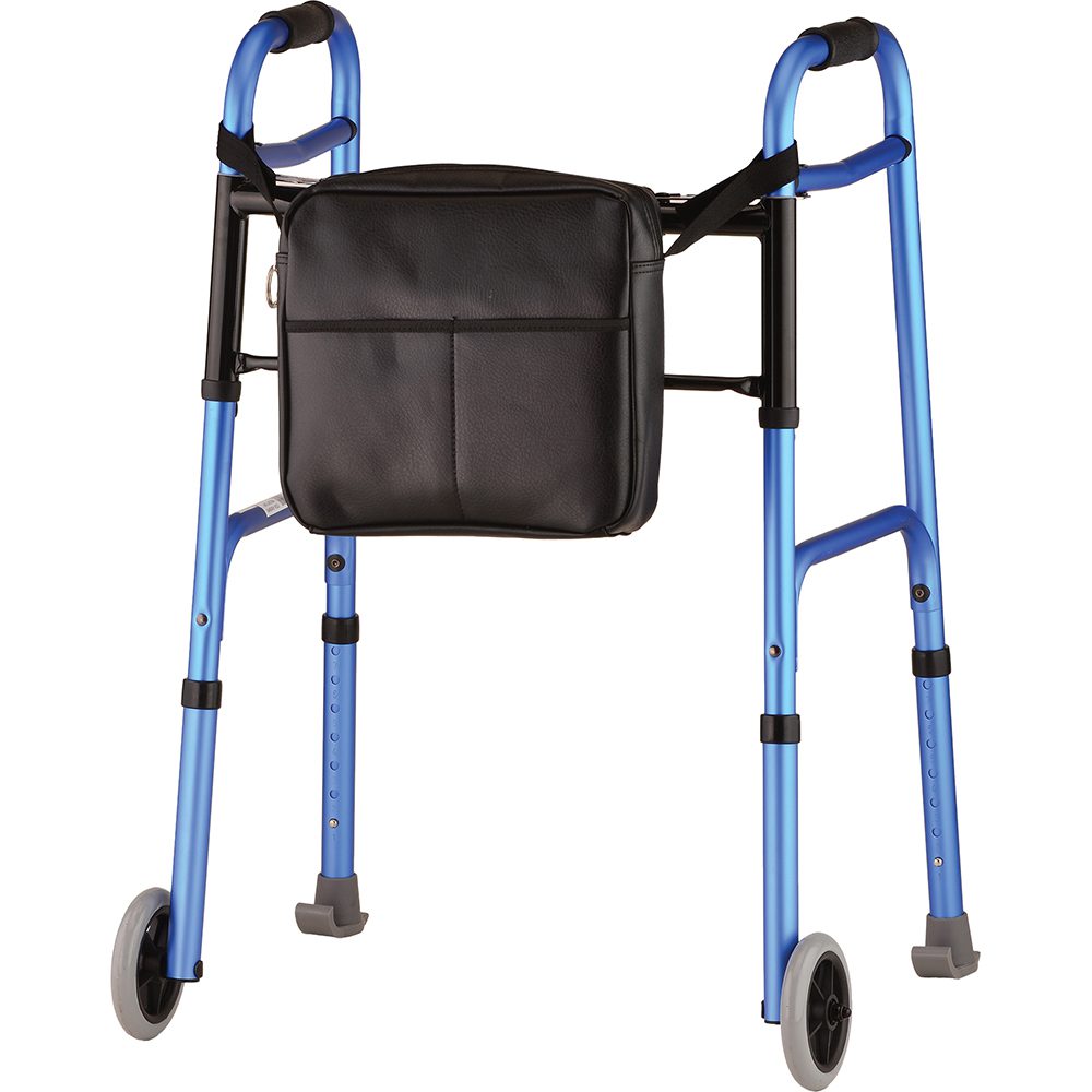 Blue mobility walker with black storage pouch