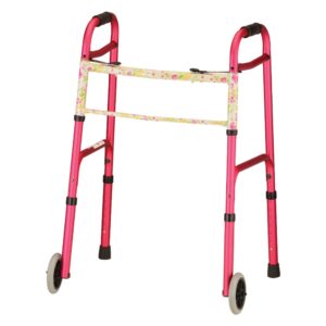 Pink wheeled walker with floral pattern