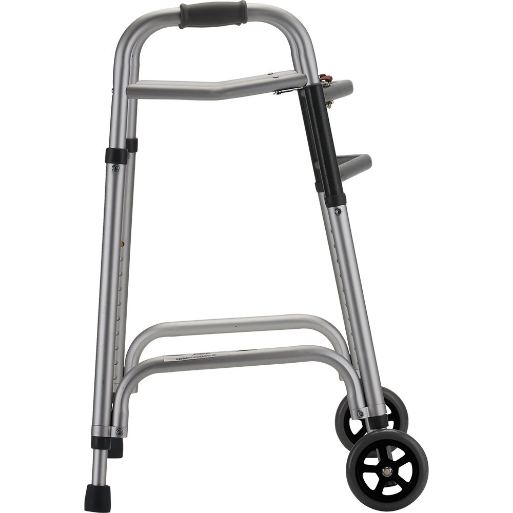 Silver two-wheel folding walker