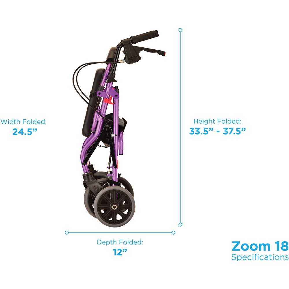 Folded purple rollator walker with dimensions