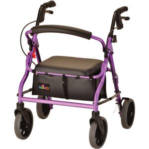 Purple four-wheel rollator walker with seat