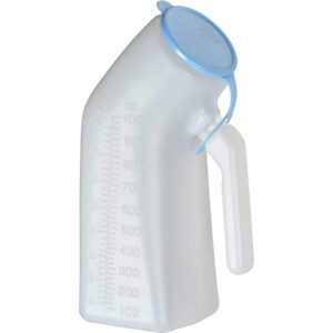 Plastic male urinal bottle with blue lid