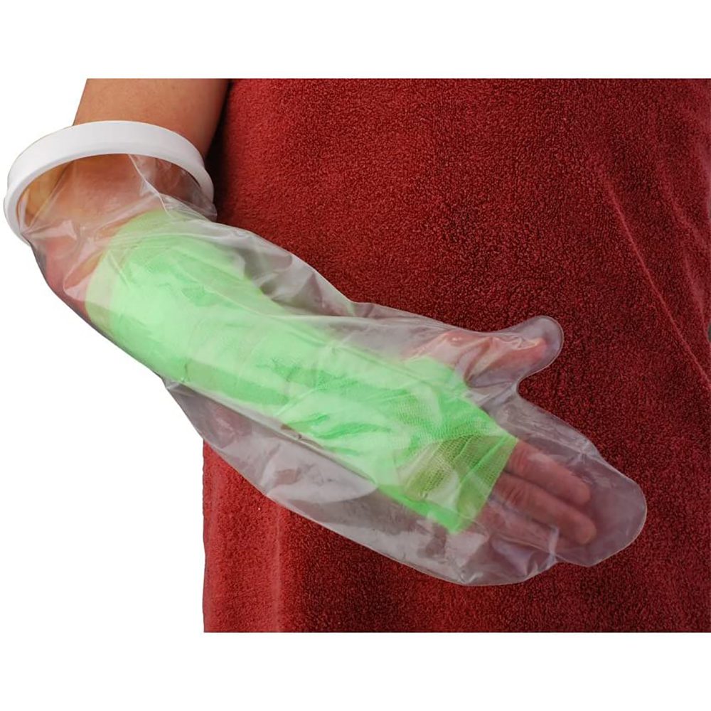 Waterproof sleeve covering green arm cast